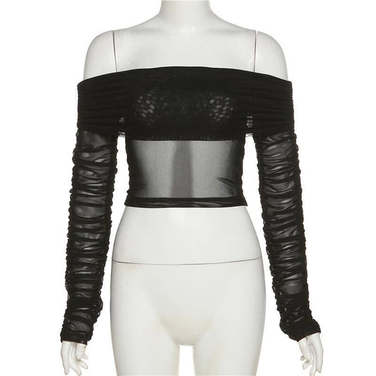 Sheer mesh see through long sleeve off shoulder ruched crop top