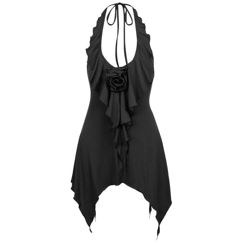 Neckholder-Minikleid mit Blumenapplikation und rückenfreiem Rüschen-U-Ausschnitt