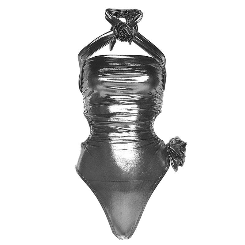 Body con scollo all'americana metallizzato, schiena scoperta e applicazioni floreali