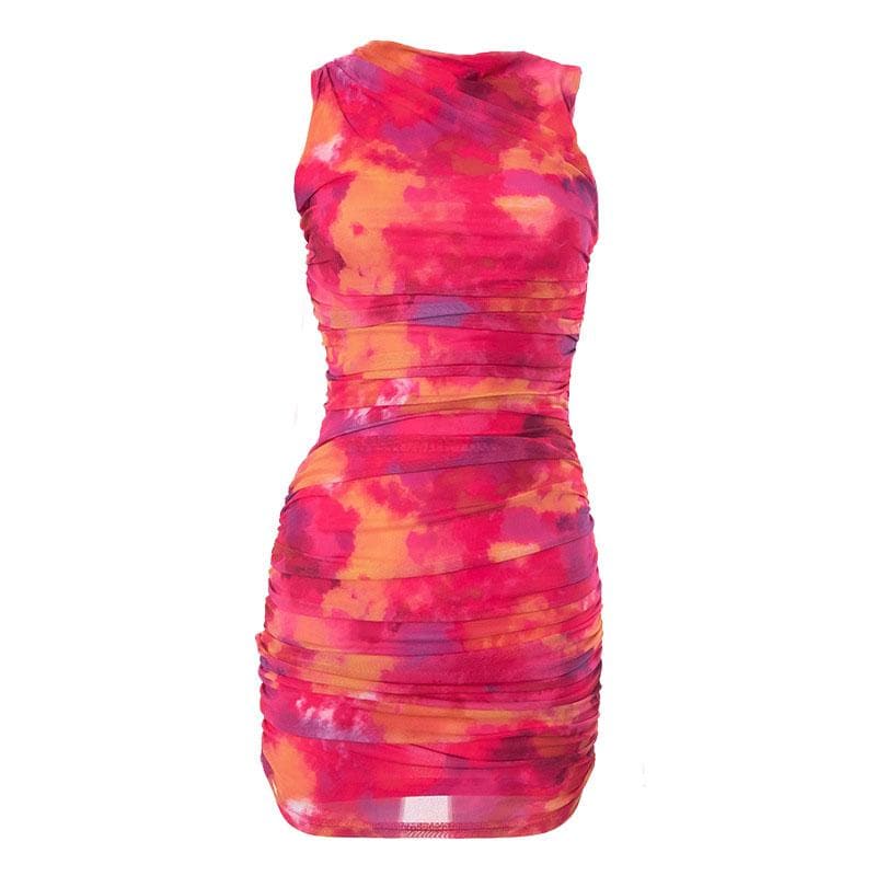 Ruched tie dye sleeveless crewneck mesh mini dress