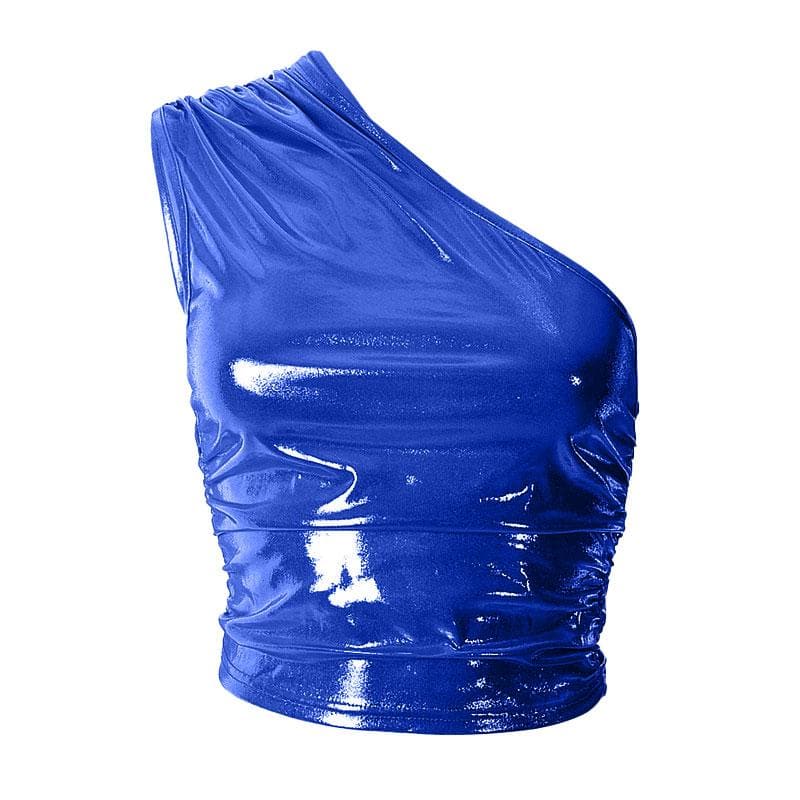 Unregelmäßig gerüschtes, metallisches One-Shoulder-Crop-Top