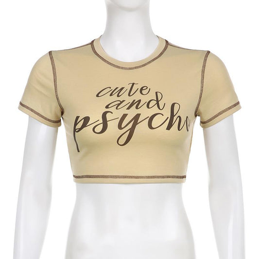 Stitch contrast print short sleeve crewneck crop top