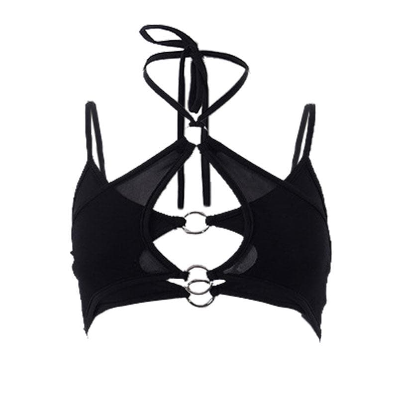 Top corto in rete con scollo a V, senza schienale, in patchwork e con scollo a V