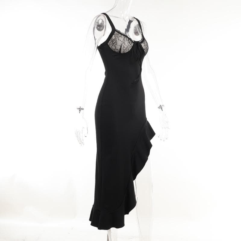 Rückenfreies Midikleid aus Spitze mit Rüschenschlitz, V-Ausschnitt und unregelmäßigem Camisole