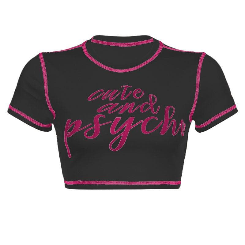 Stitch contrast print short sleeve crewneck crop top