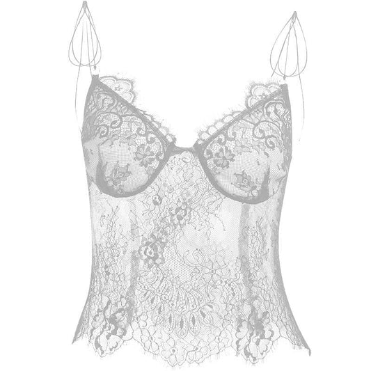 Lace spaghetti strap self tie v neck backless top