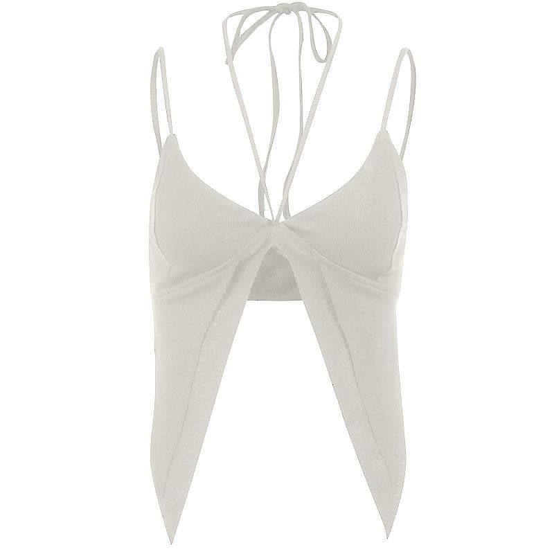 Solid halter ribbed self tie slit backless crop top