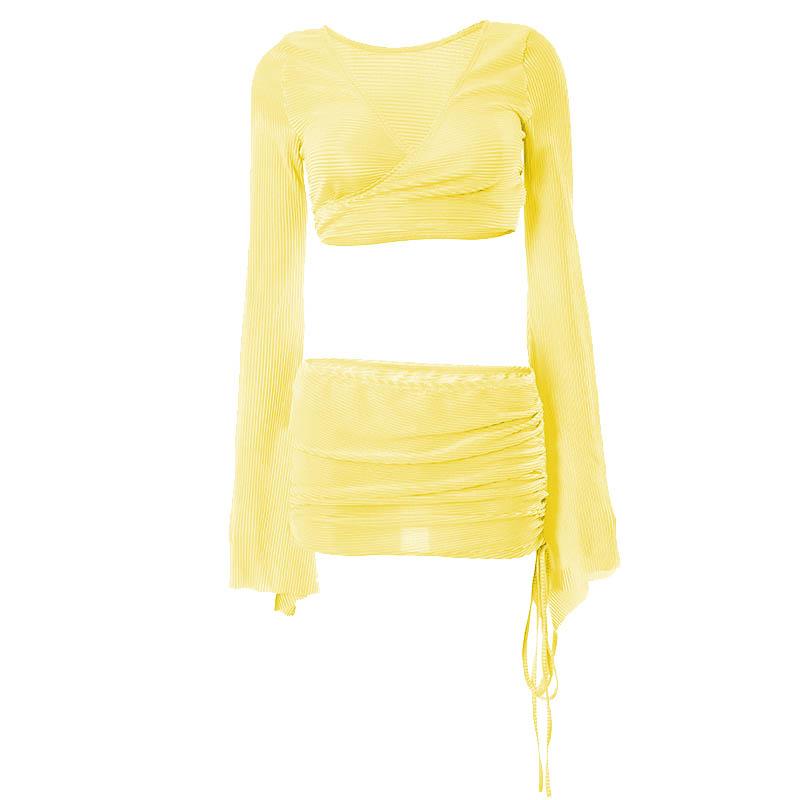 Textured self tie flared sleeve drawstring v neck mini skirt set