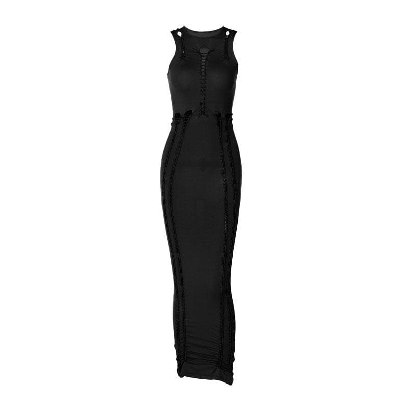 Crewneck sleeveless hollow out solid ruched maxi dress