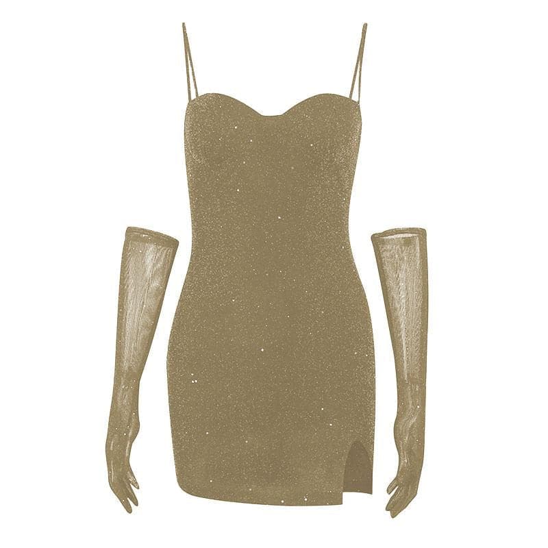 Minikleid mit Camisole-Ausschnitt und Schlitz mit Perlen und Handschuhen - Schlussverkauf