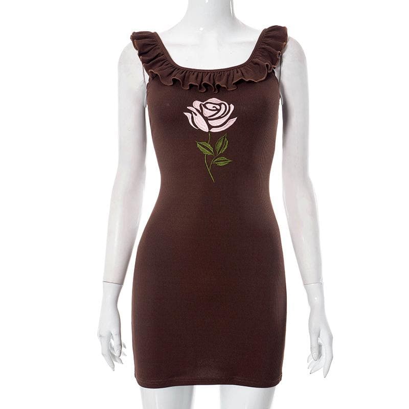 Geripptes Minikleid mit Flügelärmeln und Blumenstickerei und Rüschen