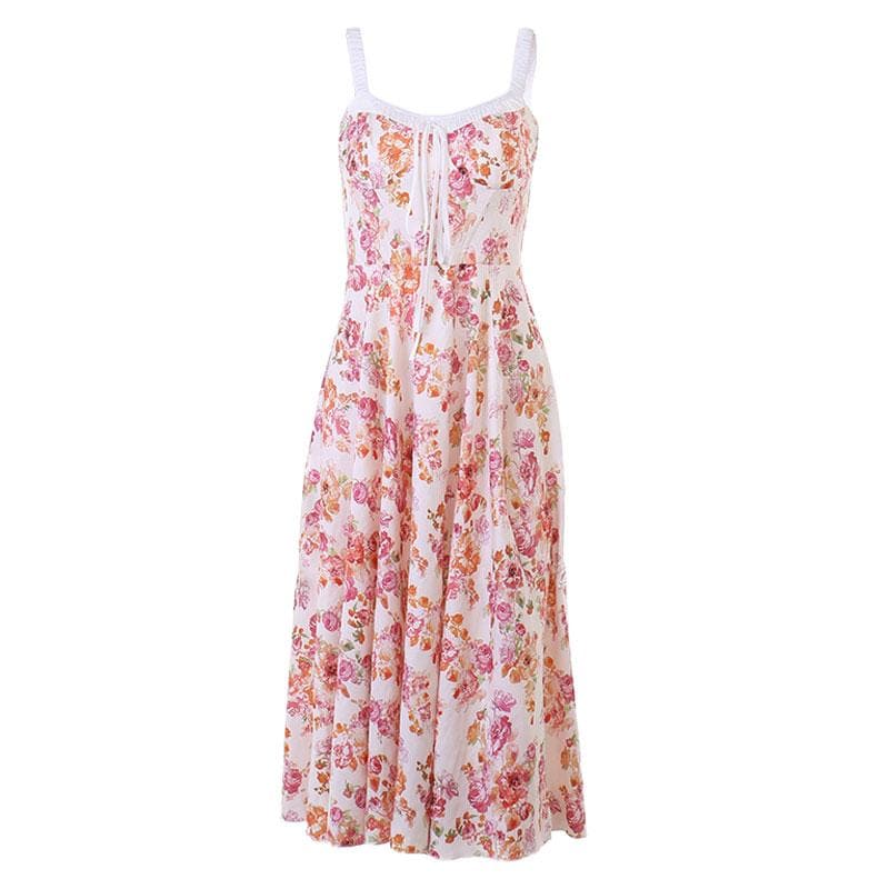 Ärmelloses Midikleid mit Blumenmuster, Rüschen und Selbstschnürung, kontrastierendem Schlitz und Reißverschluss