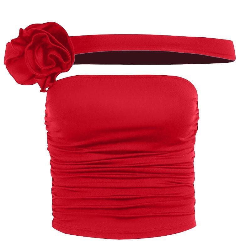 Sleeveless solid off shoulder flower applique ruched tube top - Final Sale