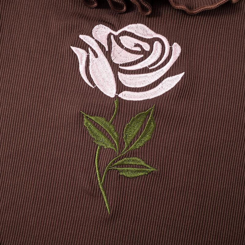 Geripptes Minikleid mit Flügelärmeln und Blumenstickerei und Rüschen