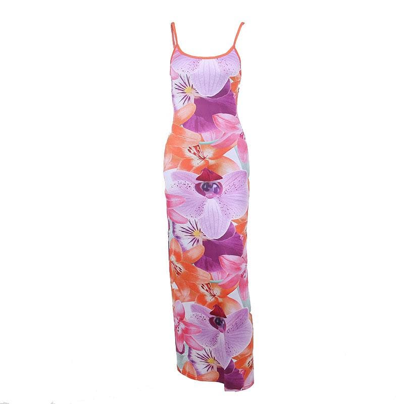 Rückenfreies Maxikleid mit Camisole-Ausschnitt und Blumenmuster in Kontrastfarbe