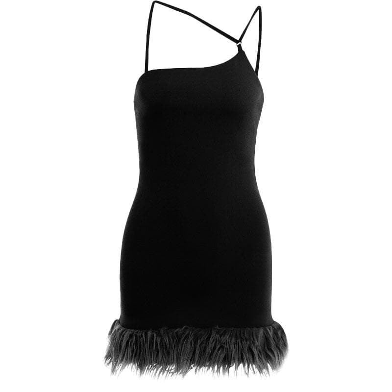 Solid irregular feather patchwork backless mini dress