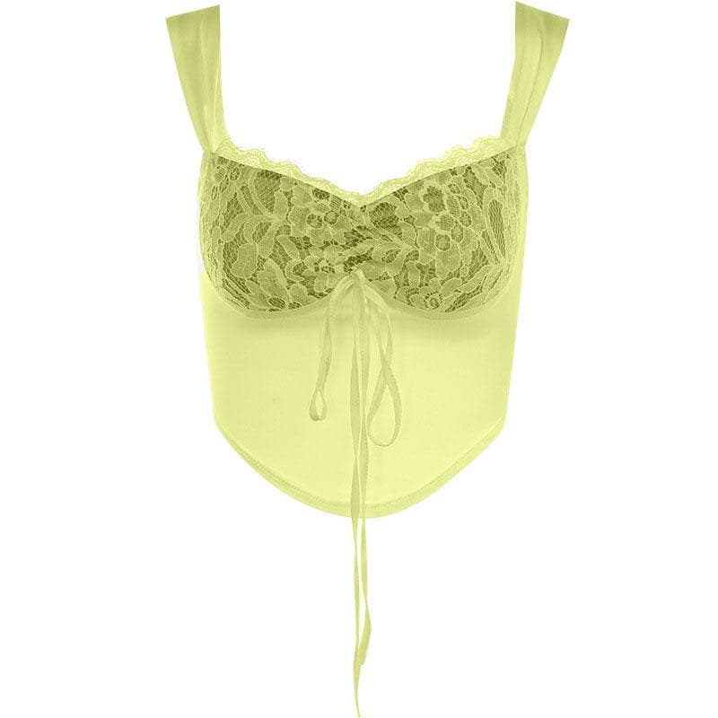 Top corto senza maniche con laccetti e inserti in pizzo patchwork