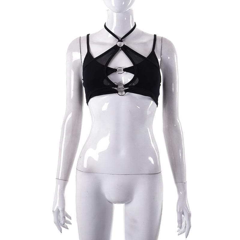 Top corto in rete con scollo a V, senza schienale, in patchwork e con scollo a V
