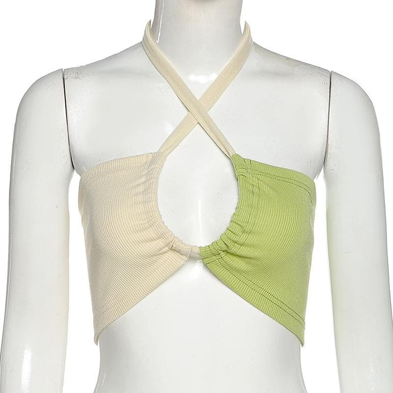 Top corto senza schienale con coulisse e collo all'americana a contrasto a coste