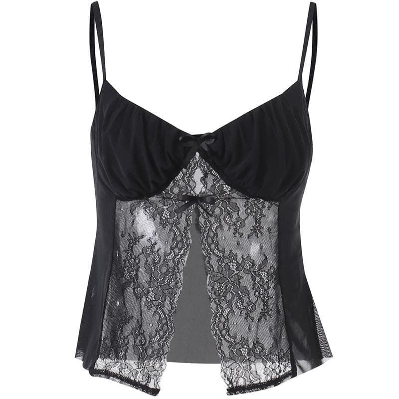 Top corto con scollo a V e spacco in pizzo patchwork arricciato