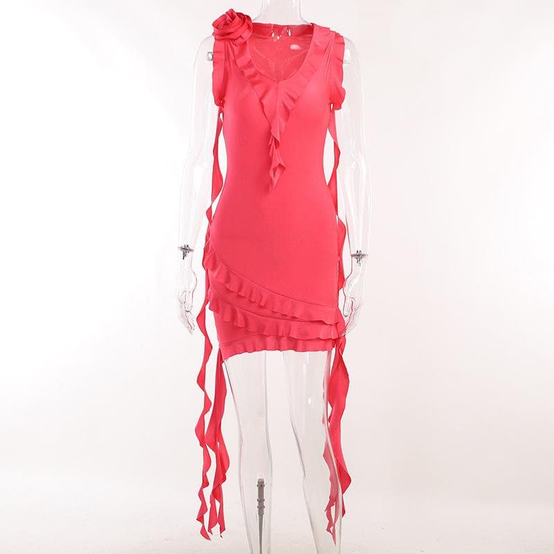 Ärmelloses Minikleid mit V-Ausschnitt, Rüschen und Blumenapplikation