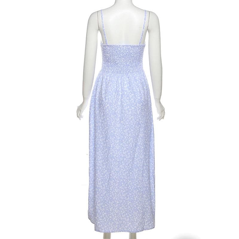 Gesmoktes rückenfreies Maxi-Camisole-Kleid mit Blumenmuster und Kordelzug