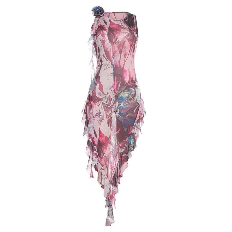 Ärmelloses Maxikleid aus transparentem Netzstoff mit abstraktem Druck und kontrastierenden Rüschen