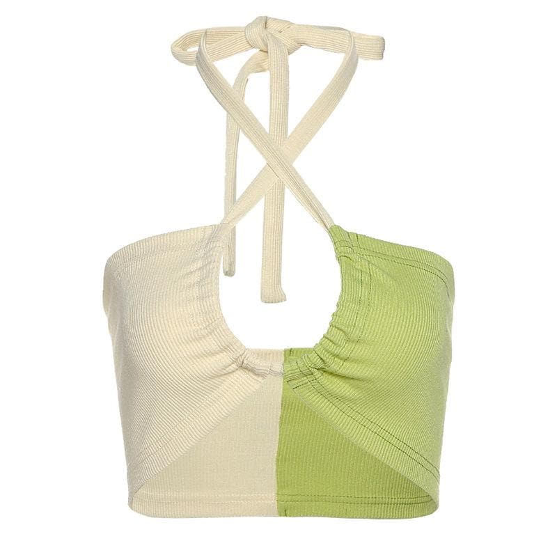 Top corto senza schienale con coulisse e collo all'americana a contrasto a coste