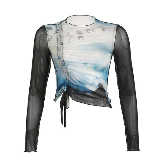 Drawstring long sleeve sheer mesh see through ruched contrast top