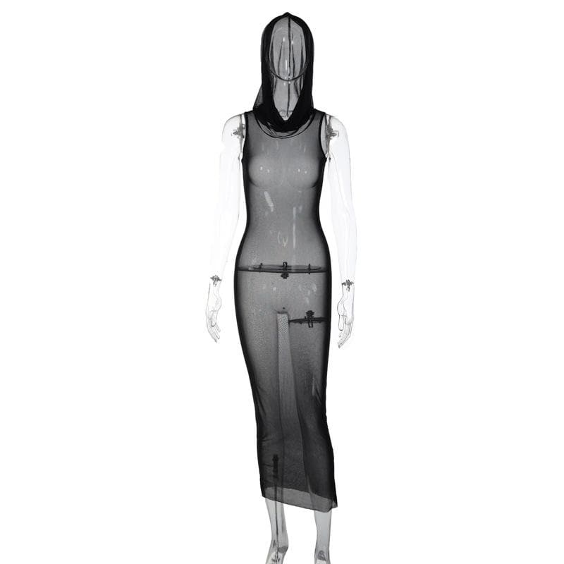 Ärmelloses Maxikleid mit Kapuze und transparentem Netzstoff