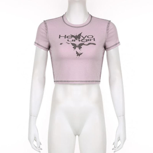 Stitch crewneck butterfly pattern contrast crop top