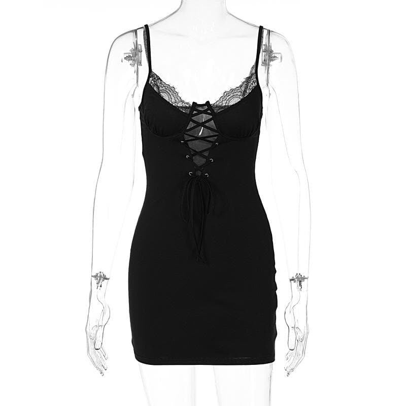 Tief ausgeschnittenes Cami-Minikleid mit Schnürung und ausgehöhltem Spitzensaum