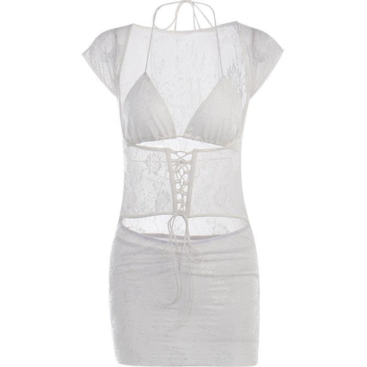 Lace halter cap sleeve ruched corset lace up solid mini skirt set