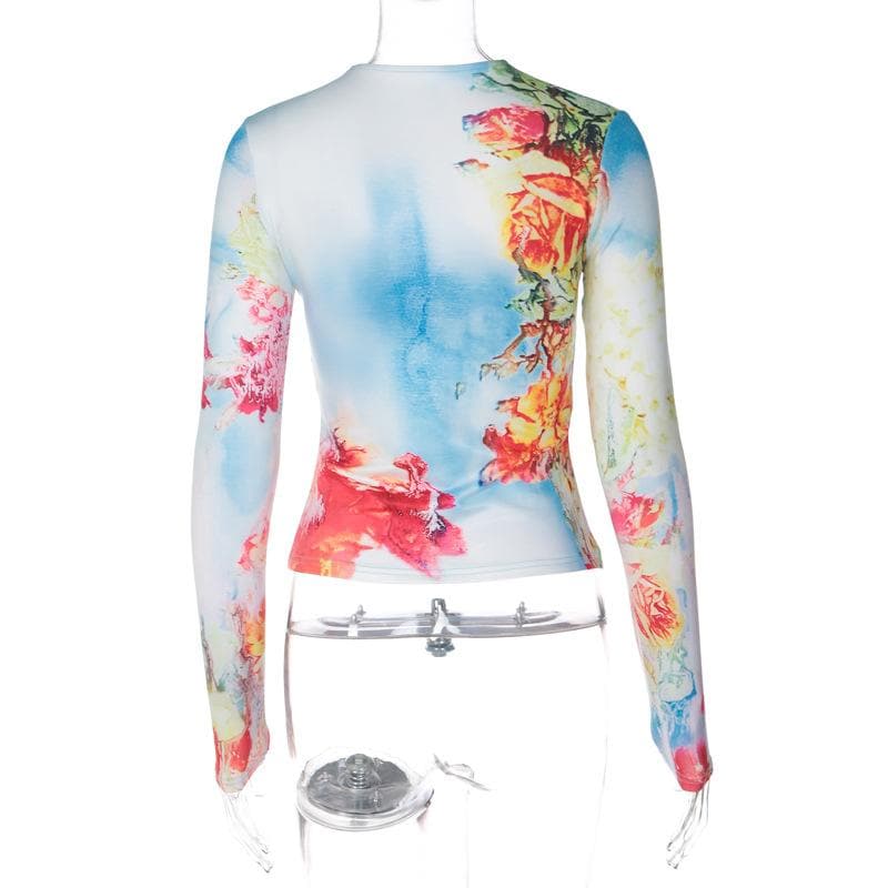 Top a maniche lunghe con stampa floreale a contrasto e scollo rotondo