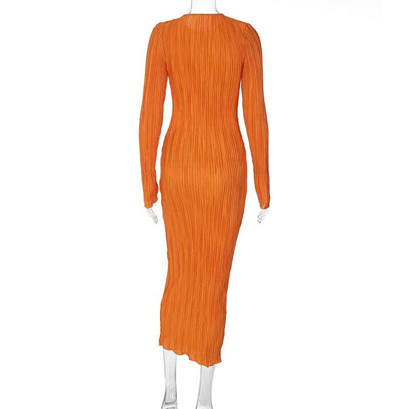 Langärmliges, strukturiertes Maxikleid mit Rundhalsausschnitt und Rüschen