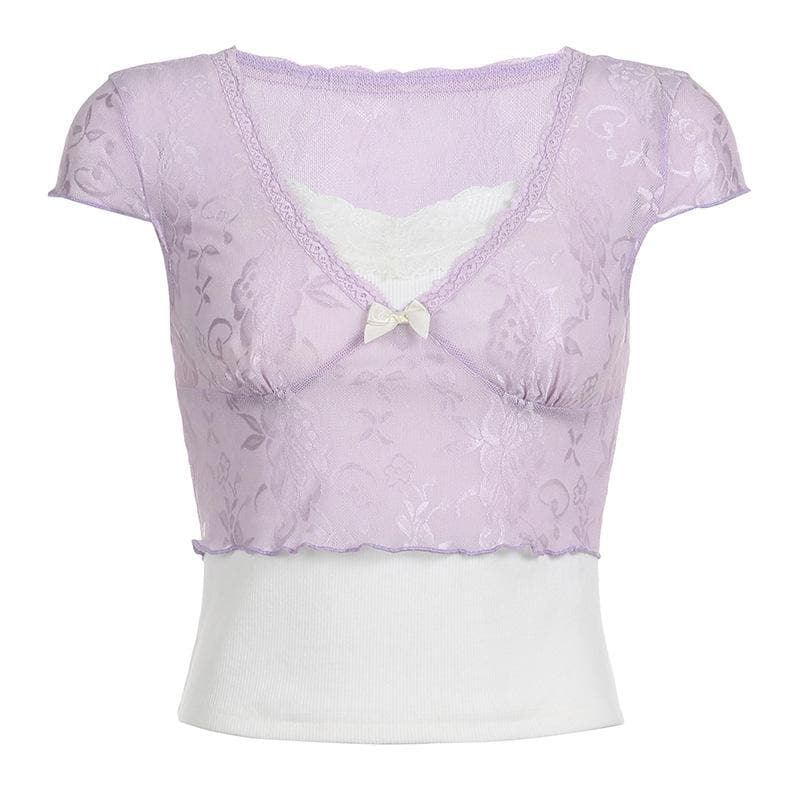 Top corto con volant e maniche a cappuccio in patchwork di pizzo a contrasto