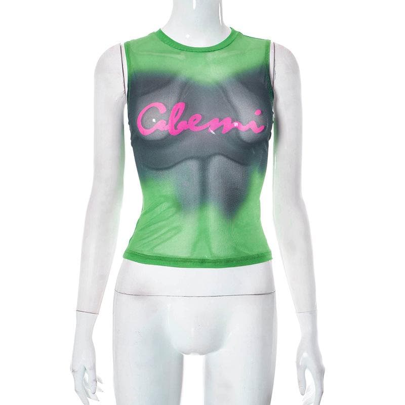 Sheer mesh see through tie dye sleeveless contrast top