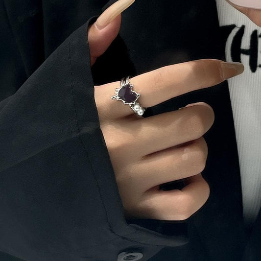 Offener Ring mit Herz-Lava-Silberperle