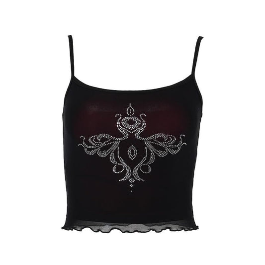 Beaded abstract u neck mesh ruffle cami crop top