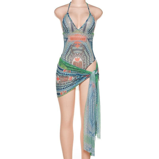 Sheer mesh see through contrast print v neck halter bodysuit mini dress skirt set
