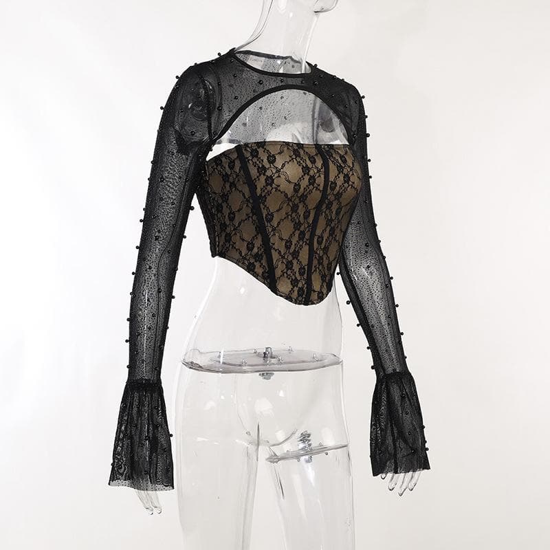 Top in 2 pezzi con corsetto con perline e maniche svasate in pizzo