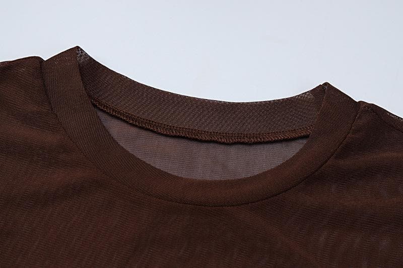 Short sleeve sheer mesh see through ruffle embroidery crop top