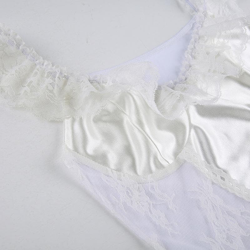 Cap sleeve satin lace hem low cut ruffle top - Final Sale