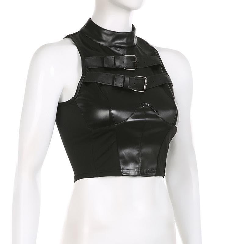 Top corto in similpelle con bottoni patchwork senza maniche e fibbia