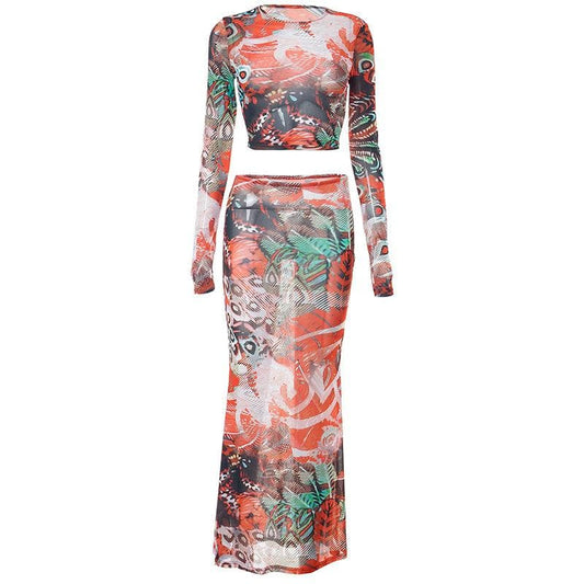 Abstract Print Sheer Mesh Long Sleeve Gloves Contrast Maxi Skirt Set