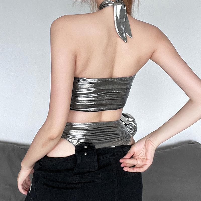 Body con scollo all'americana metallizzato, schiena scoperta e applicazioni floreali