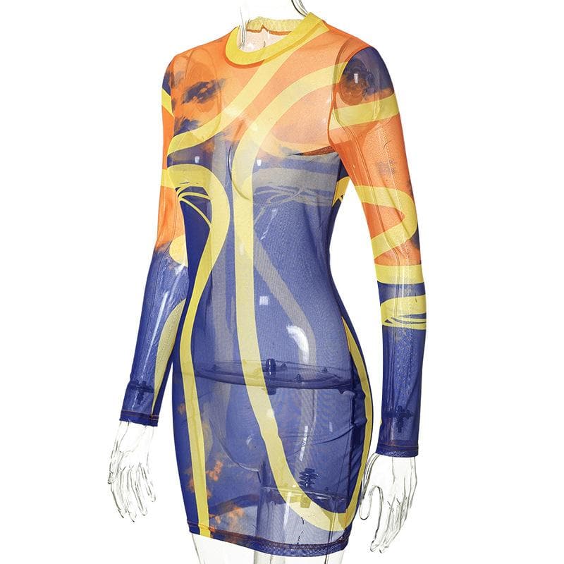 Transparentes Netzstoff-Minikleid mit langen Ärmeln und kontrastierendem Rundhalsausschnitt