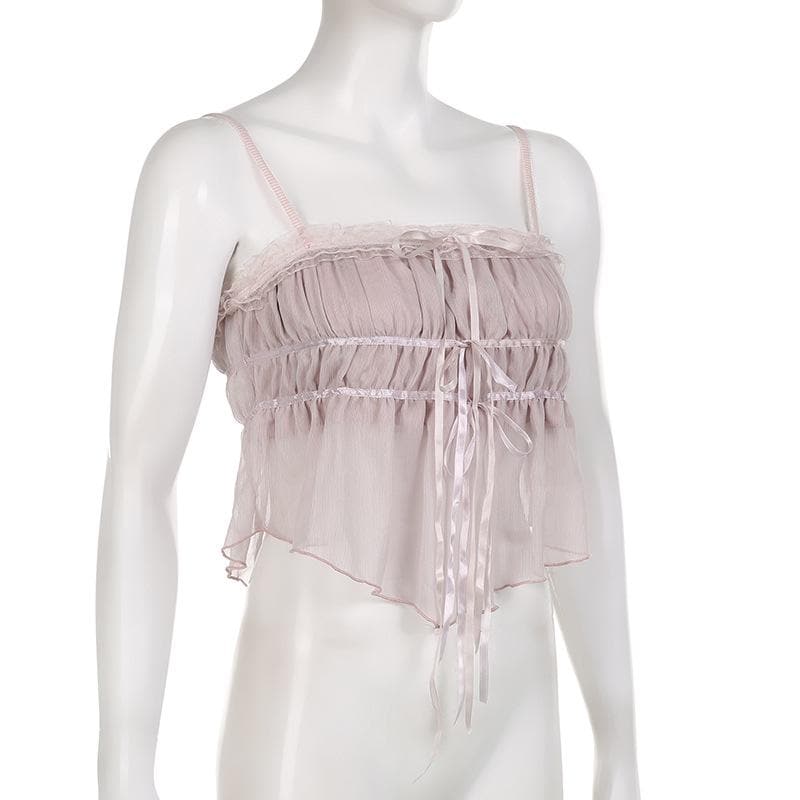 Top corto in chiffon con volant plissettato e orlo in pizzo con bottoni
