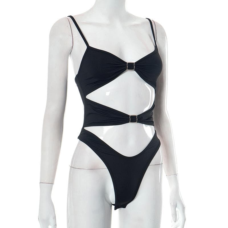 Button hollow out solid backless cami bodysuit