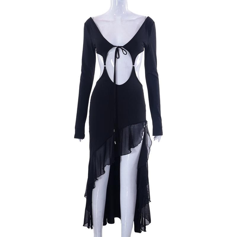 Solid long sleeve hollow out slit ruffle self tie irregular midi dress